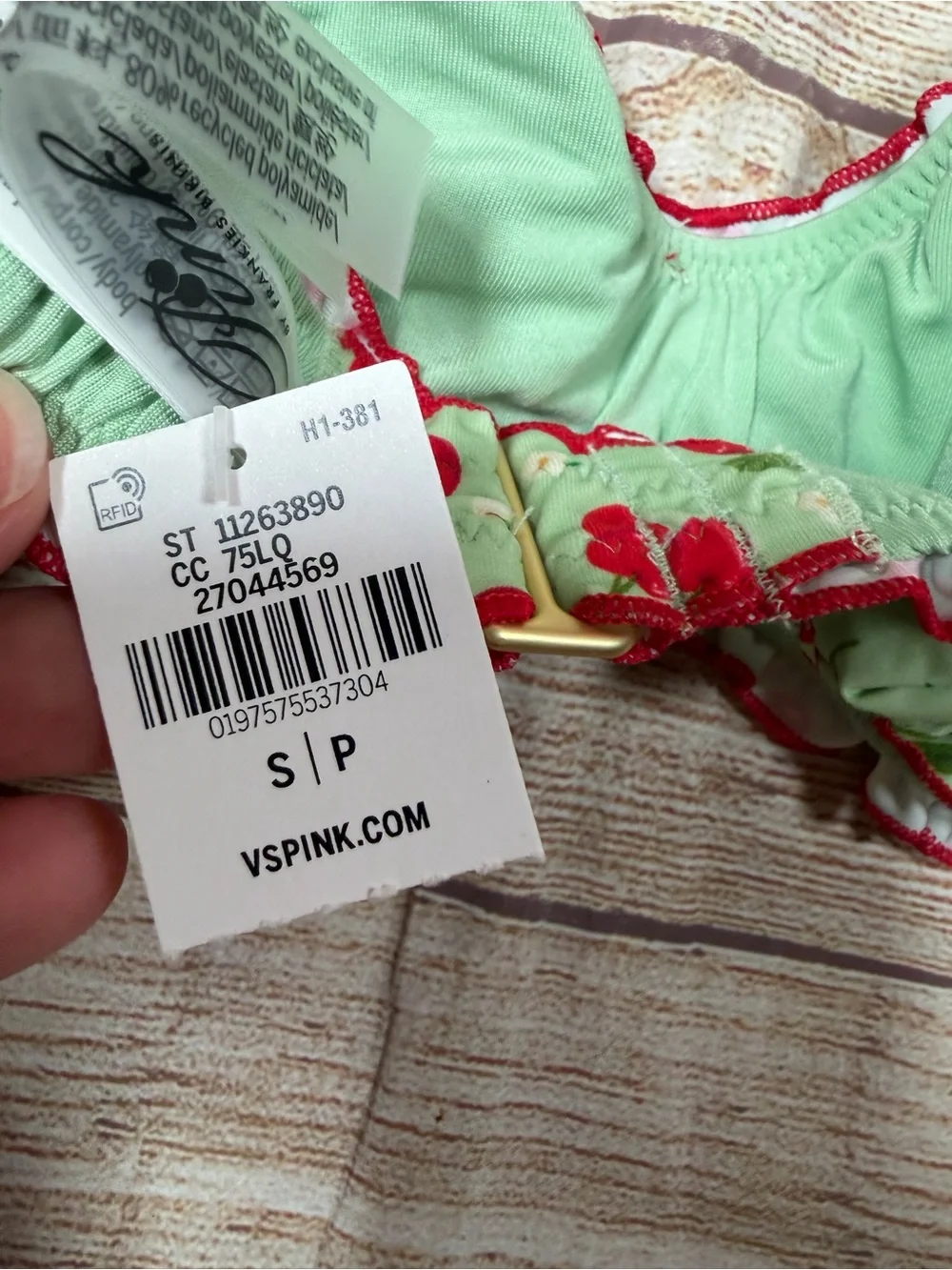 Frankie's Bikinis x PINK Mint Green Cherry Ruffle Bikini Top
